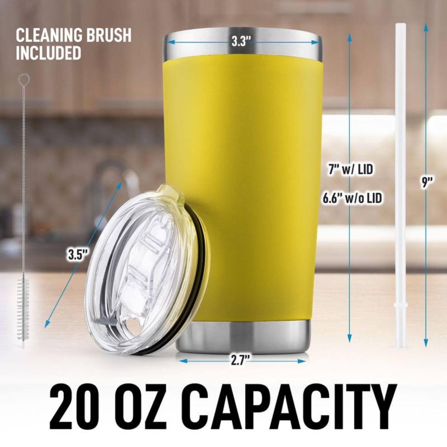 CLEANING BRUSH INCLUDED

3.3"  
7" w/ LID  
6.6" w/o LID  
9"  
3.5"  
2.7"  
20 OZ CAPACITY