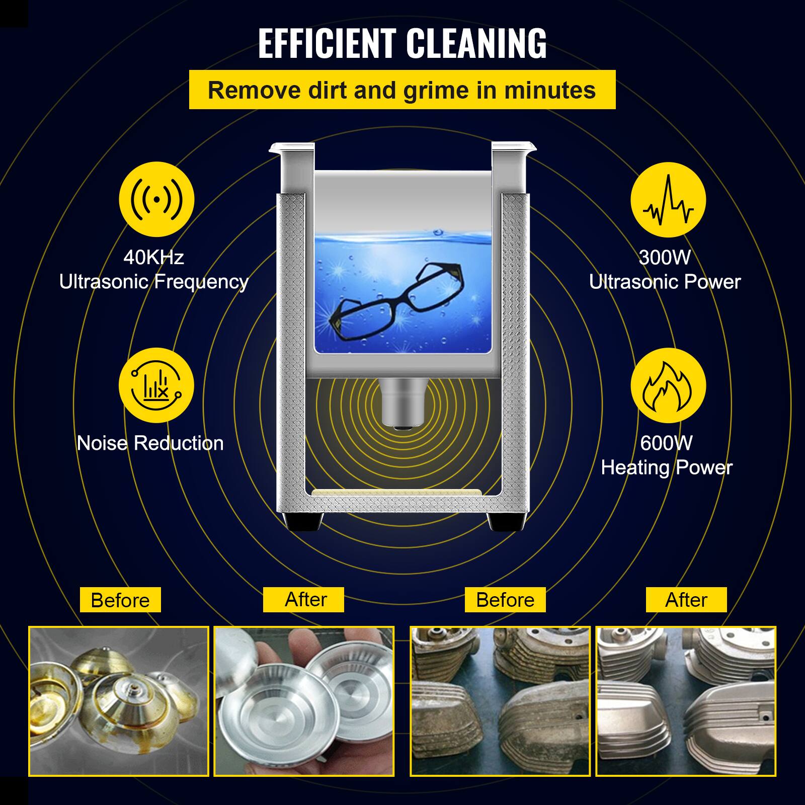 EFFICIENT CLEANING  
Remove dirt and grime in minutes

- 40KHz Ultrasonic Frequency
- 300W Ultrasonic Power
- Noise Reduction
- 600W Heating Power

Before | After  
Before | After