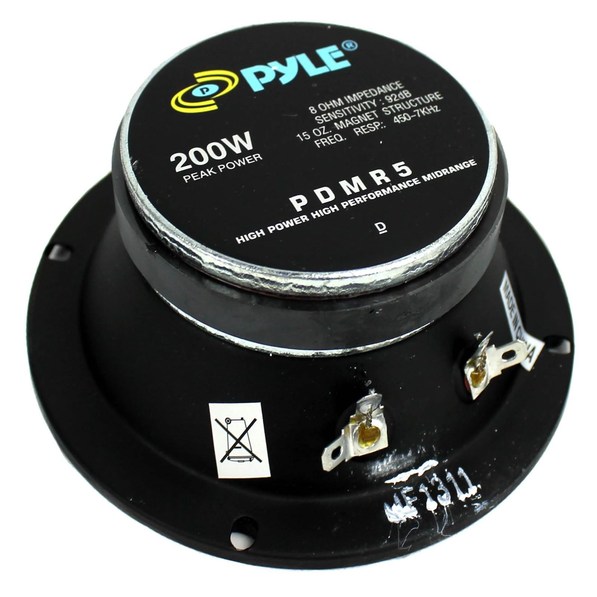 PYLE  
8 OHM IMPEDANCE  
SENSITIVITY: 92dB  
STRUCTURE: 450-7KHz  
MAGNET RESP: 15 OZ  
FREQ. 200W PEAK POWER  
PDMR5 HIGH PERFORMANCE MIDRANGE  
200W PEAK POWER  
HIGH POWER HIGH PERFORMANCE MIDRANGE