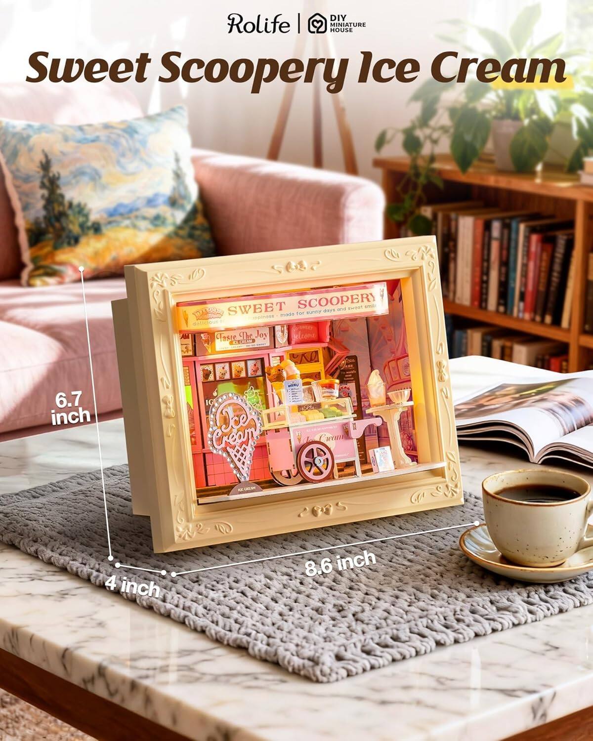 DIY Rolife Miniature Sweet Scoopery Ice Cream  
Sweet Scoopery  
6.7 inch x 4 inch x 8.6 inch  
Welcome to the Sweet Scoopery  
Taste the Joy  
Ice Cream