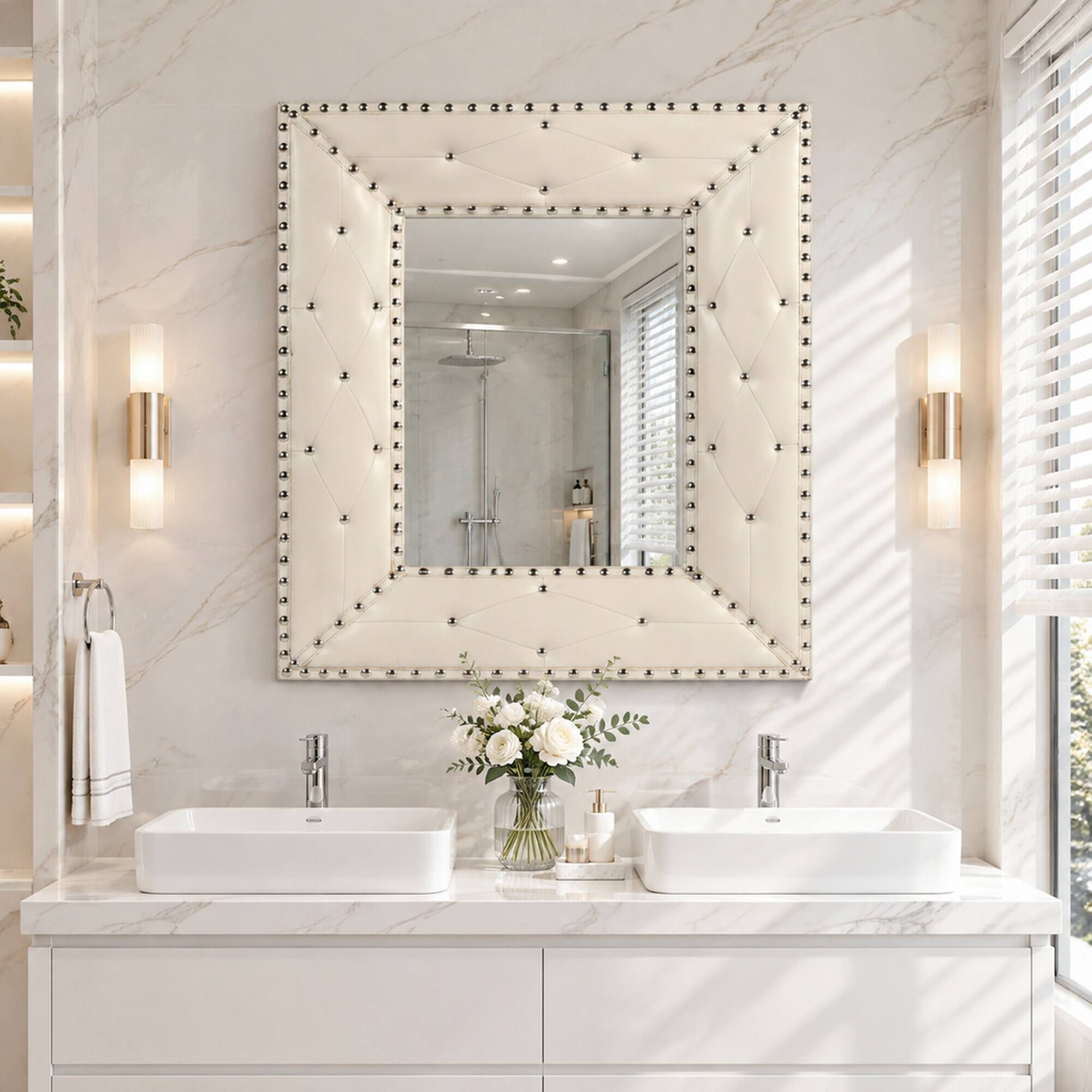 Back. RYHNUYNE - Rectangle Decorative Wall Mirror, 21x26 in, PU MDF Frame, Rivet Detail, Vanity and Entryway Decor - White.