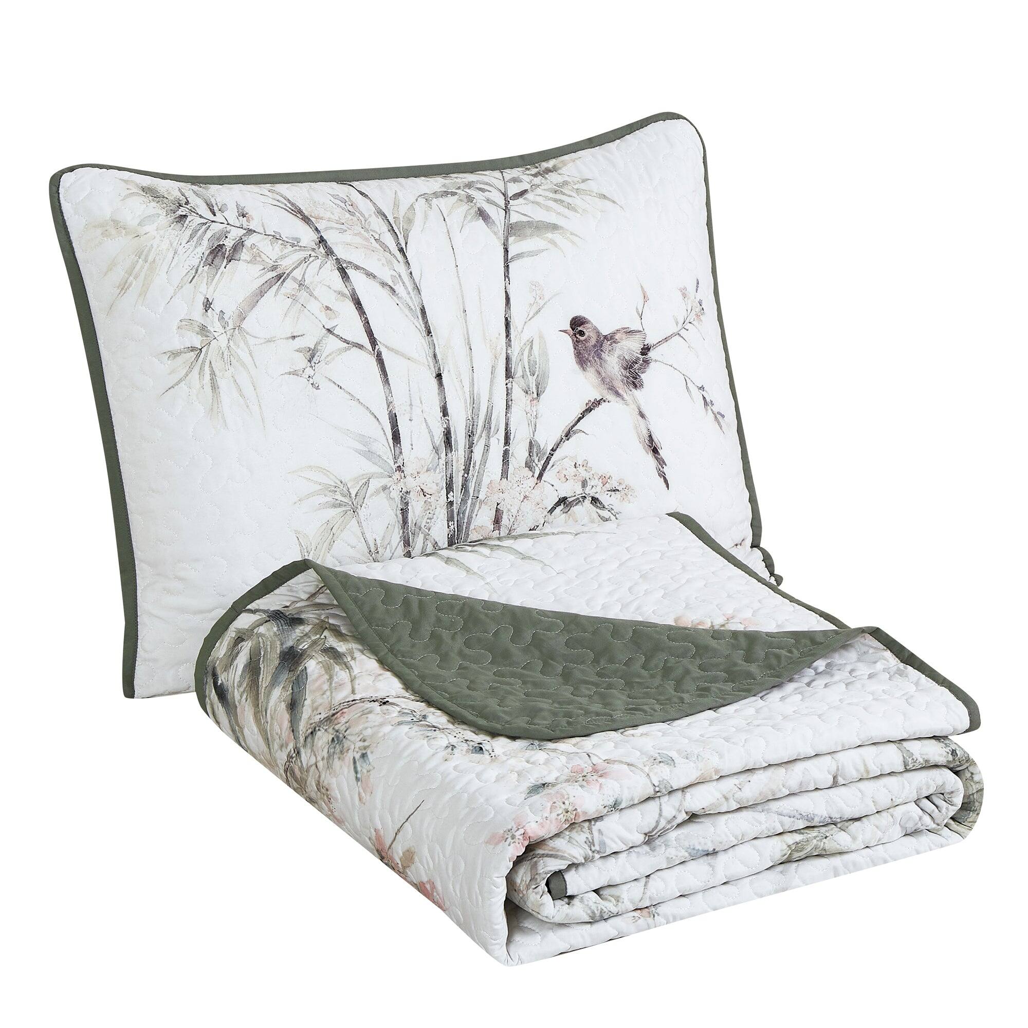 Alt View 1. MarCielo - MarCielo 3 Piece Lightweight Quilt Bedspread Set Reversible Floral Botanical - Green Bamboo.