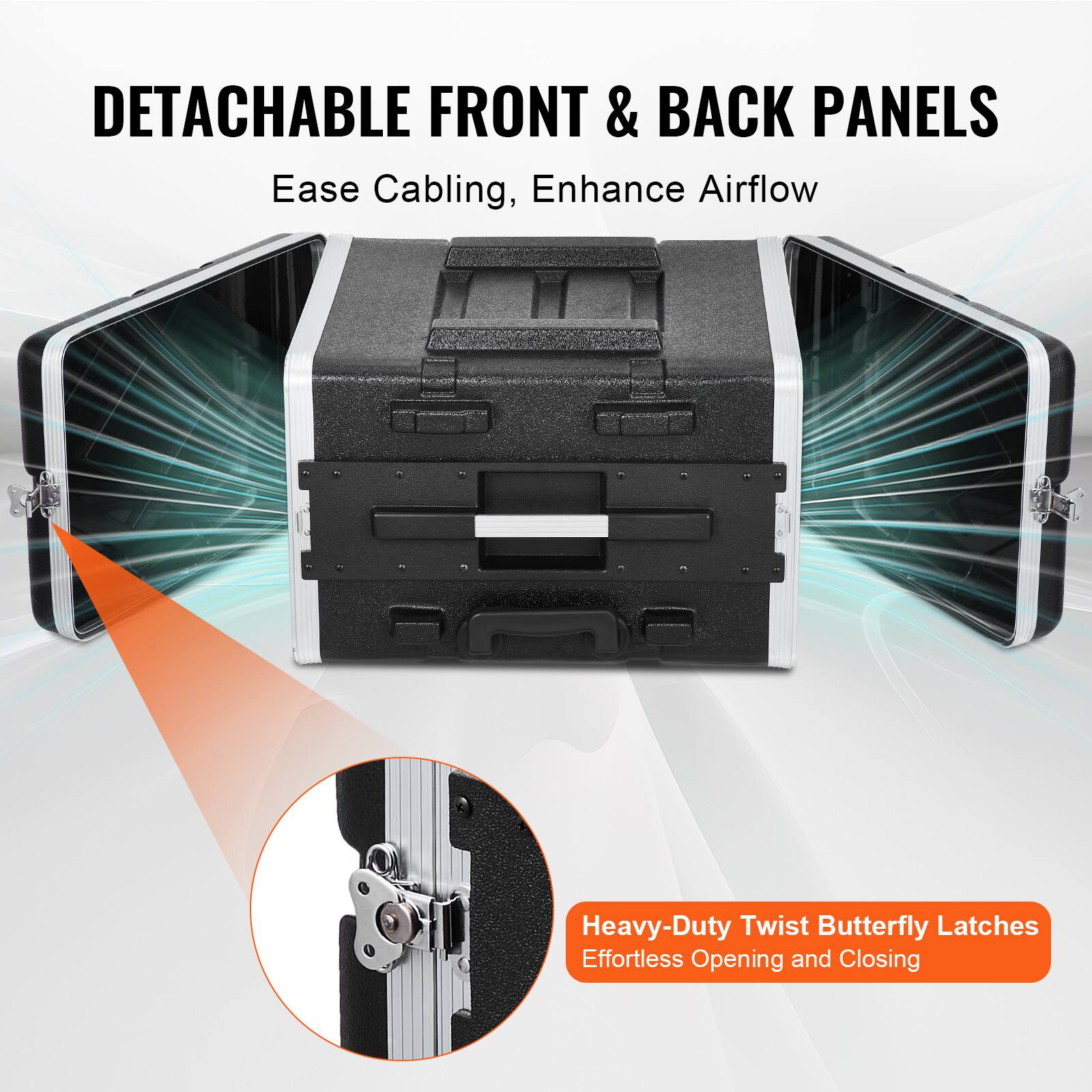 DETACHABLE FRONT & BACK PANELS  
Ease Cabling, Enhance Airflow  

Heavy-Duty Twist Butterfly Latches  
Effortless Opening and Closing