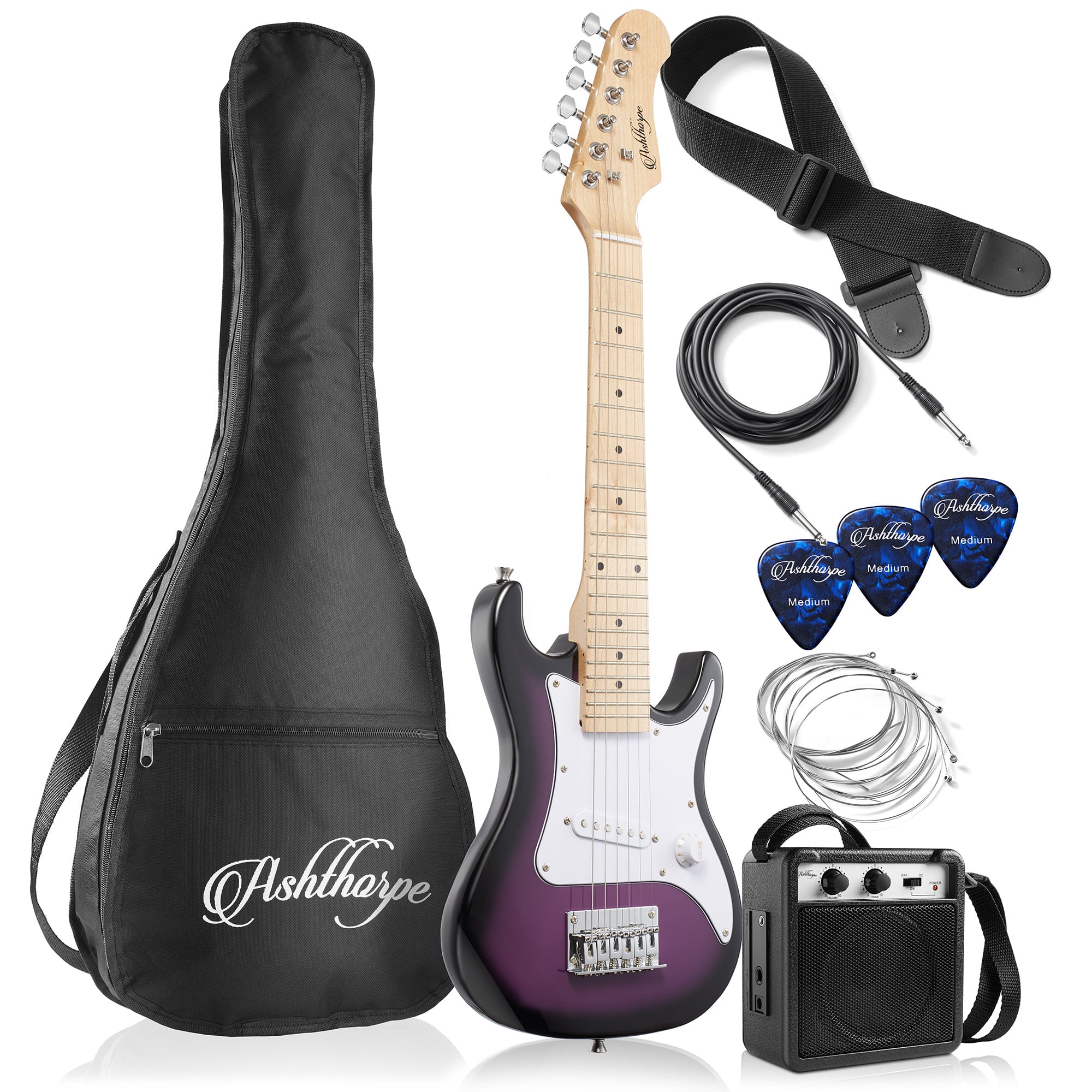 Ashthorpe - 30-in Electric Guitar Package with Amplifier - Beginner Starter Kit - Purple