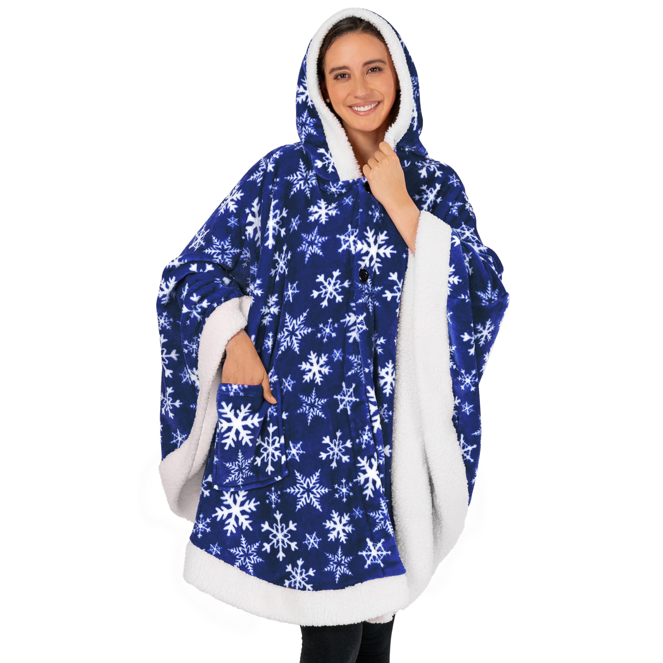 Paradigms Interiors - Wearable Blanket For Adult Women Cozy Plush Fleece Poncho Cape With Hood Super Soft Shawl Angel Wrap Throw - Snowflake Blue-Fleece