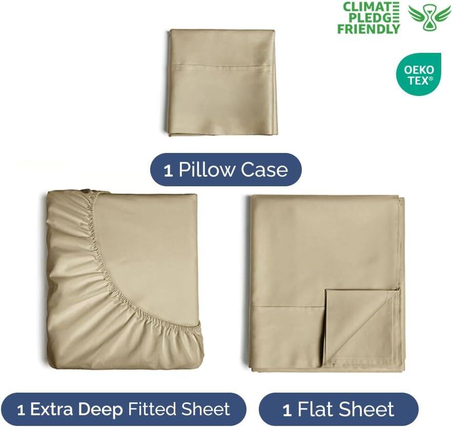 CLIMATE PLEDGE FRIENDLY  
OEKO TEX  

1 Pillow Case  
1 Extra Deep Fitted Sheet  
1 Flat Sheet
