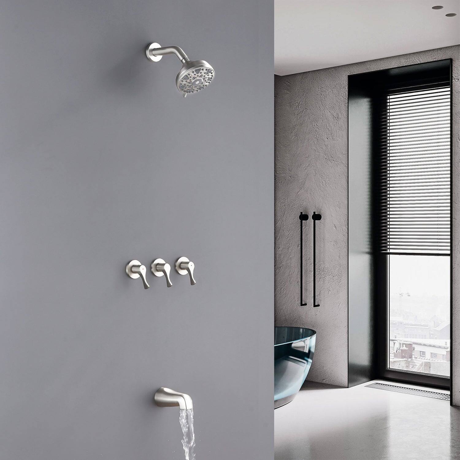 Alt View 4. Boyel Living - Brushed Nickel Shower Set with 6 Function ABS Overhead Shower Three Handle Control and High Flow Tub Spout - Brushed Nickel.