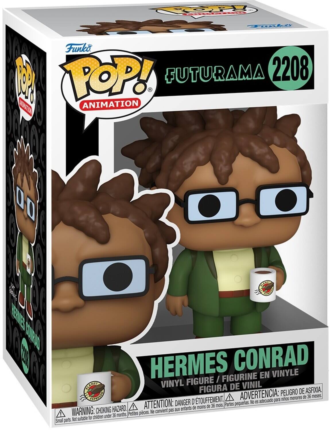Funko POP! Animation  
FUTURAMA 2208  
HERMES CONRAD  
VINYL FIGURE / FIGURINE EN VINYLE / FIGURA DE VINIL  

WARNING: CHOKING HAZARD. Small parts. Not suitable for children under 36 months.  
ADVERTENCIA: PEQUEÑAS PIEZAS. NO ES ADECUADO PARA NIÑOS MENORES DE 36 MESES.  
ATTENTION: DANGER D'ÉTOUFFEMENT. Petites pièces. Ne convient pas aux enfants de moins de 36 mois.