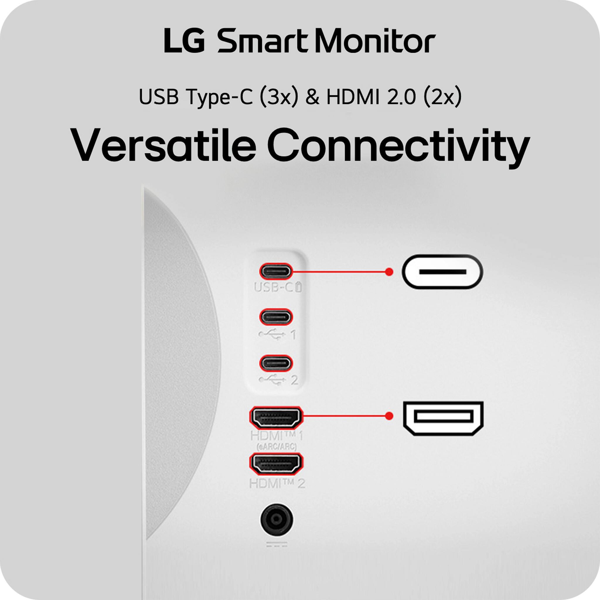LG Smart Monitor  
USB Type-C (3x) & HDMI 2.0 (2x)  
Versatile Connectivity  

USB-C  
USB-C 1  
USB-C 2  
HDMI™ 1 (eARC/ARC)  
HDMI™ 2