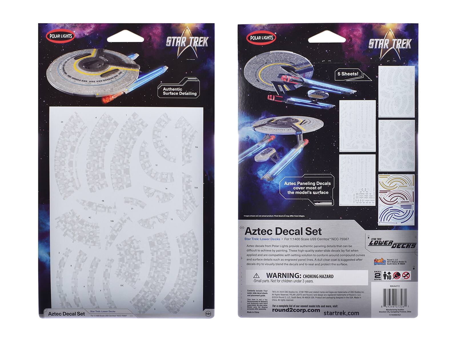 POLAR LIGHTS STAR TREK POLAR LIGHTS STAR TREK

ANN Authentic Surface Detailing 5 Sheets!

Ma Aztec Paneling Decals cover most of the model's surface

SC Aztec Decal Set Star Trek Lower Decks For 1:1400 Scale USS Certares NCC-75567

FRO LOWER DECKS

Polar Lights provide authentic paneling details that can be difficult to achieve by painting. These high-quality water-slide decals lay flat when applied and are compatible with setting solution to conform around compound curves and surface details. A dull clear coat is suggested after decals dry to visually blend the decals and seal and protect the surface.

WARNING: CHOKING HAZARD Small parts. Not for children under 3 years.

2 EAAT

Tour

T nV es Strkes

SM a

nano 1 A ne mLA eamTS

LE Soum N

an UA

IE

- - I A Aztec Decal Set Ma To Lower DENS - 0

Apr complete Det

- - newest mode lh and more, visit round2corp.com startr