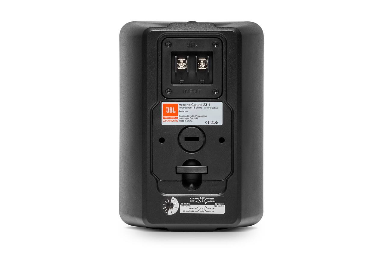 Model No: Control 23-1  
Impedance: 8 ohms (in THRU wiring)  
Serial No: [Blank]  
Designed by JBL Professional  
Northridge, CA, USA  
Made in China  
CE  

INPUT  

3.7W  
7.5W  
15W  

75V LINE  
150V LINE  
THRU  
3.7W  
7.5W  

DO NOT USE  
1m  
1W  
1m  
FRRU  
TXUNE  
LINE  
iI S