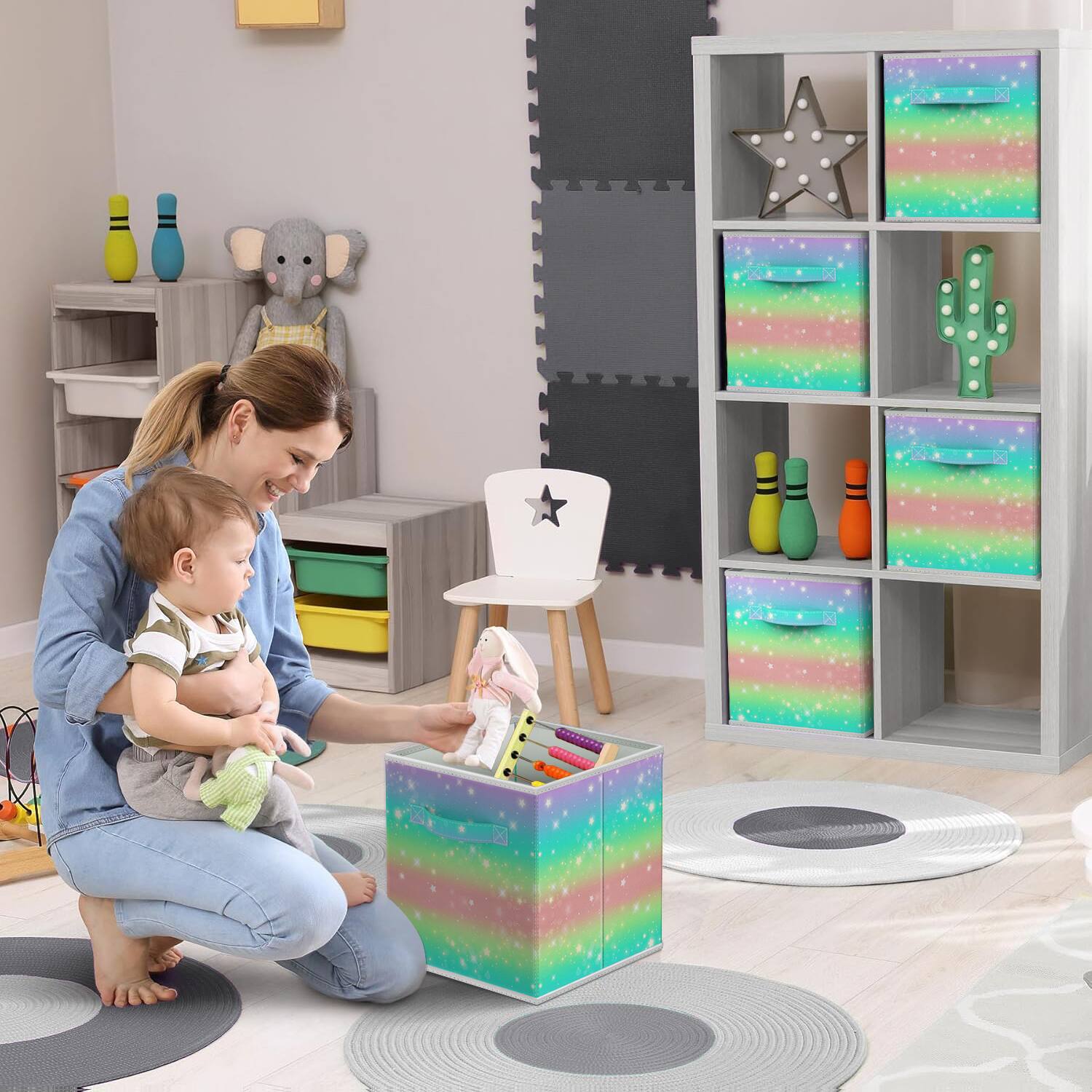 Angle. Sorbus - Sorbus Foldable Storage Cubes - 6 Fabric Baskets for Organizing Pantry, Closet, Shelf, Nursery, Playroom, Toy Box, Cubby - Rainbow 3.