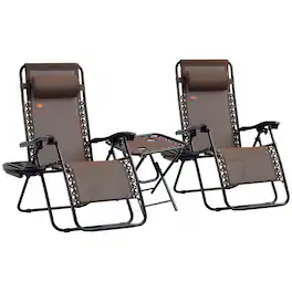 Outsunny - Zero Gravity Chair Set with Side Table, Folding Reclining Chair with Cupholders & Pillows, Adjustable Lounge Chair - Brown