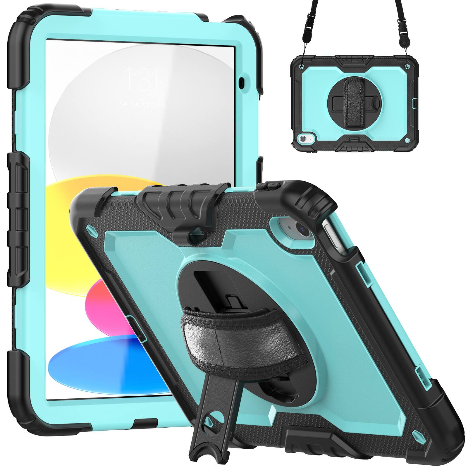 Angle. Dteck - For Apple iPad 11"(A16 chip 2025)&iPad 10th 2022 Three-Layer Kickstand Shoulder Strap Case Built-in Screen Protector - Mint+Black.