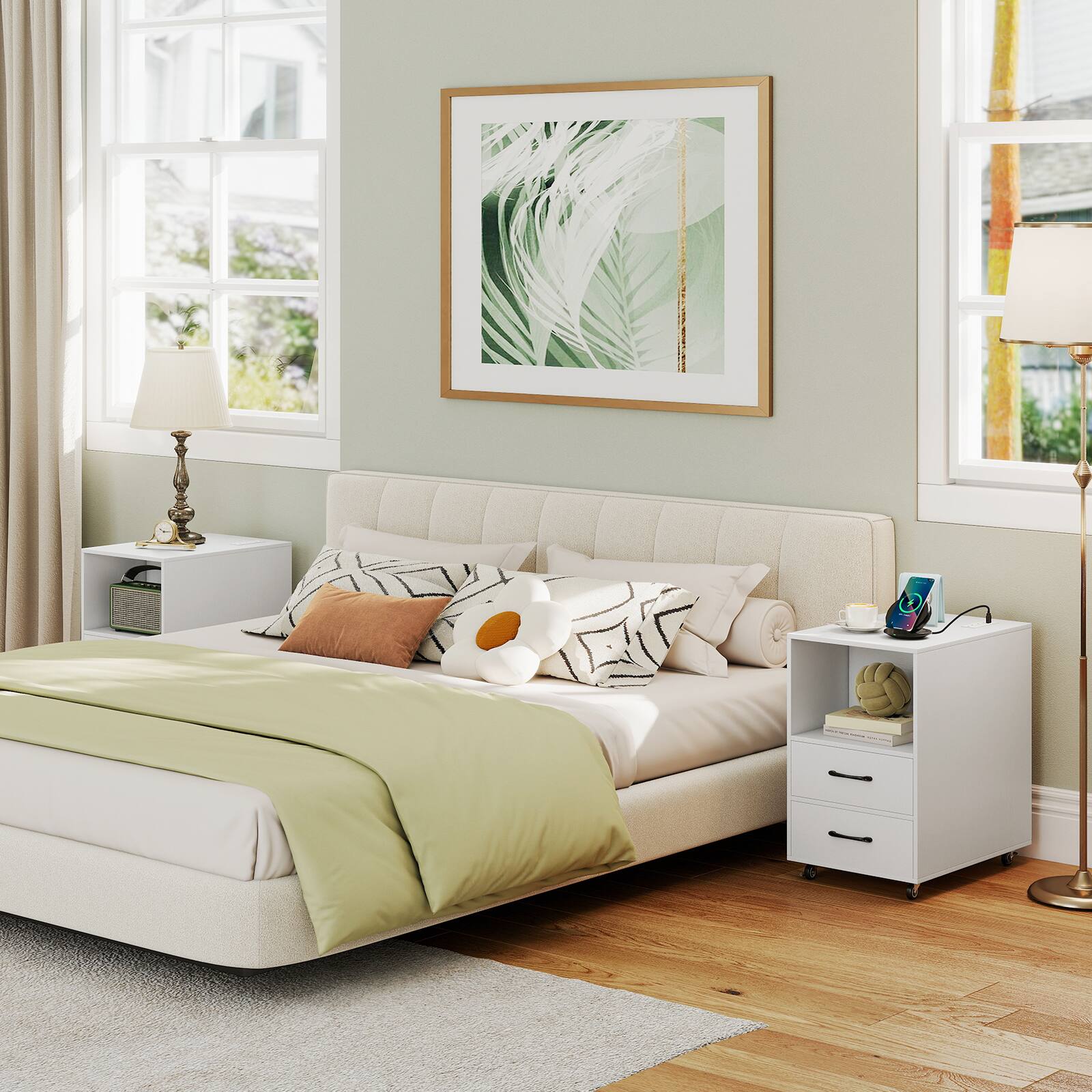 Alt View 9. Gymax - Gymax 2PCS End Table w/Built-in Charging Station USB Ports Outlets 2 Drawers 3 Shelves White - White.