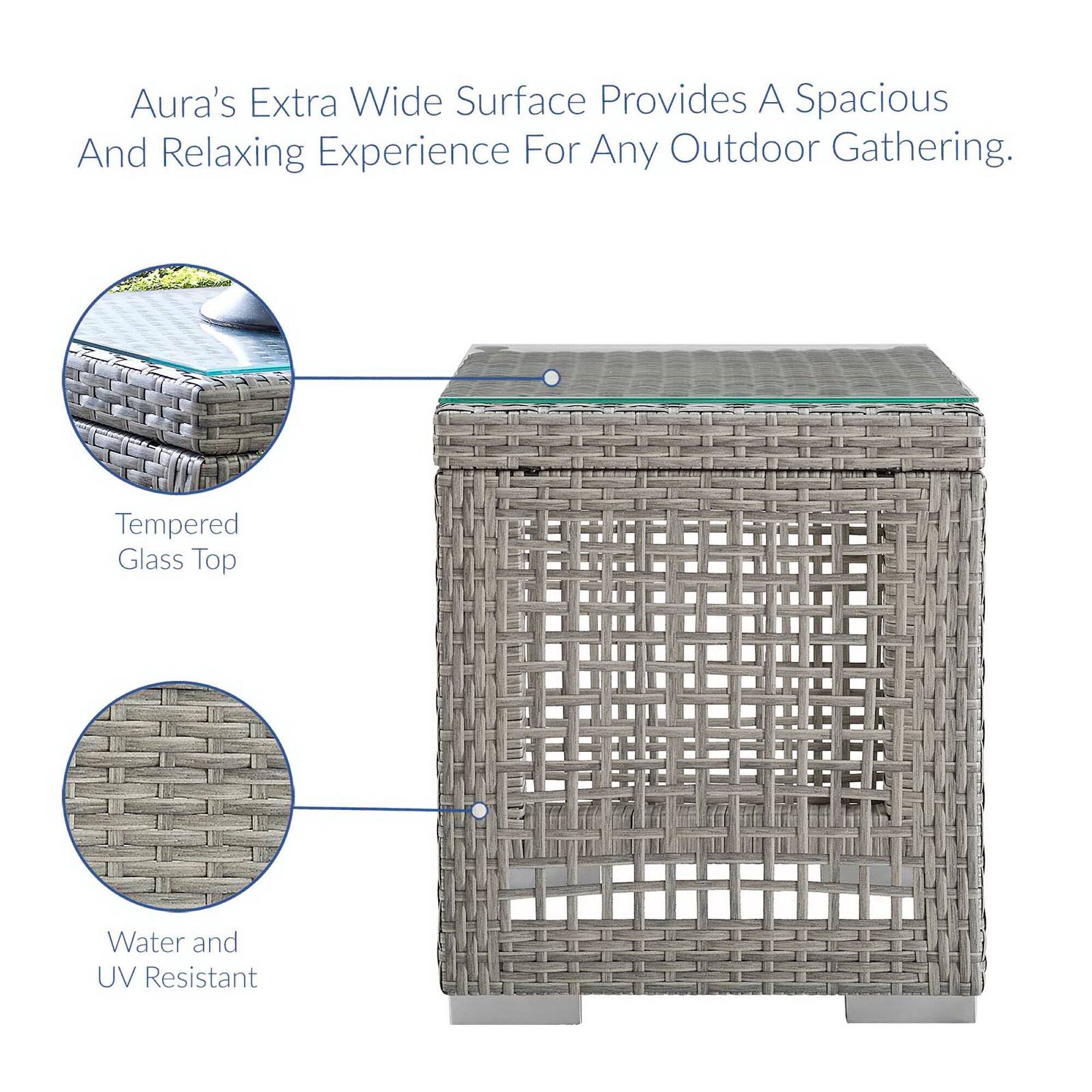 Aura's Extra Wide Surface Provides A Spacious And Relaxing Experience For Any Outdoor Gathering.

- Tempered Glass Top
- Water and UV Resistant