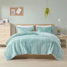Hivvago - Full/Queen Soft Sherpa Faux Fur 3-Piece Comforter Set - Light Teal Blue