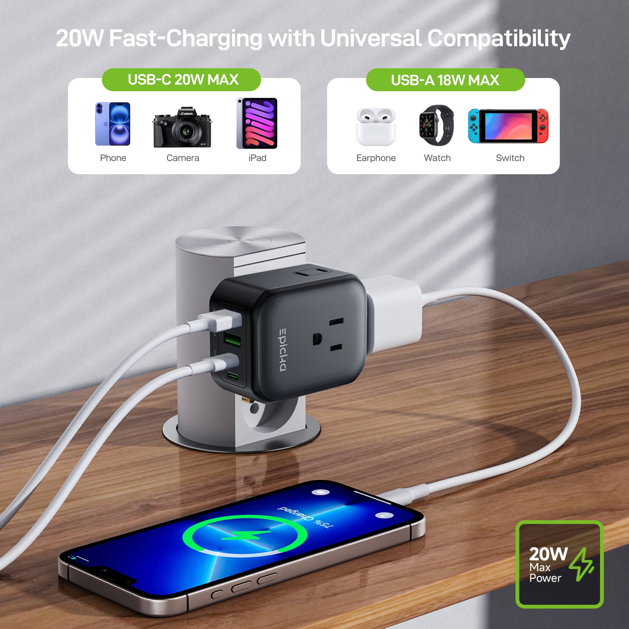 20W Fast-Charging with Universal Compatibility

USB-C 20W MAX
- Phone
- Camera
- iPad

USB-A 18W MAX
- Earphone
- Watch
- Switch

20W Max Power