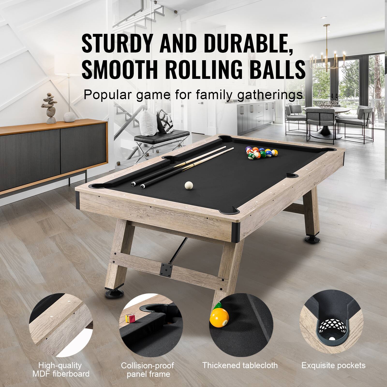 STURDY AND DURABLE, SMOOTH ROLLING BALLS

Popular game for family gatherings

High-quality MDF fiberboard
Collision-proof panel frame
Thickened tablecloth
Exquisite pockets