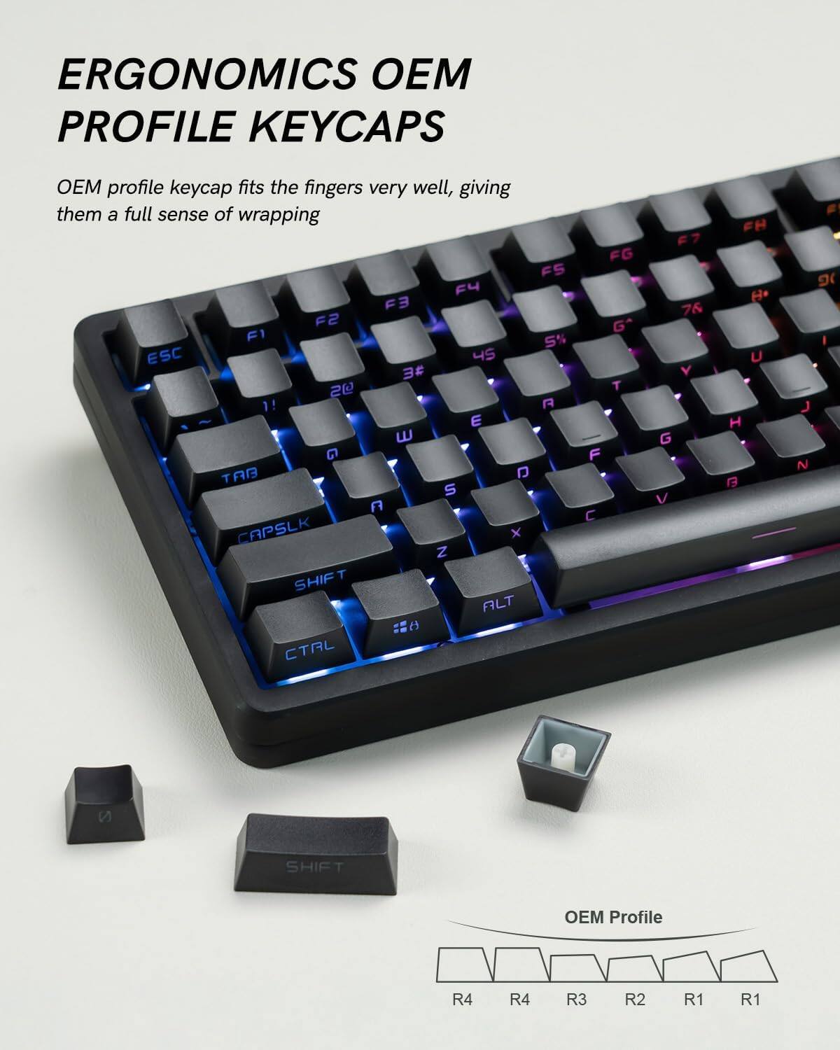 ERGONOMICS OEM PROFILE KEYCAPS

OEM profile keycap fits the fingers very well, giving them a full sense of wrapping

OEM Profile
R4 R4 R3 R2 R1 R1
