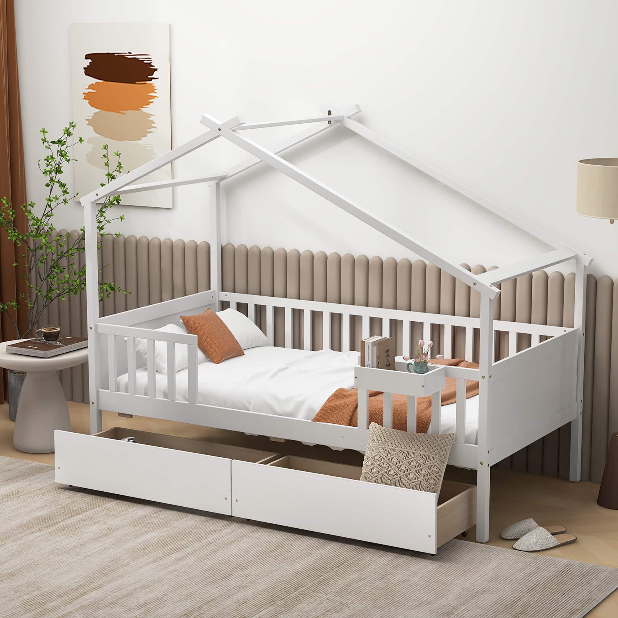 Gymax - Twin House Bed w/ 2 Storage Drawers Roof & Fence Rails Headboard & Footboard - White