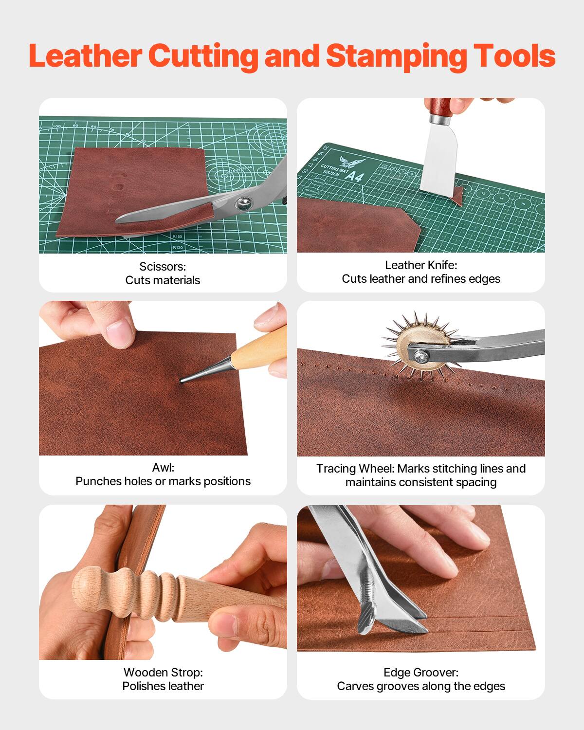 Leather Cutting and Stamping Tools

- Scissors: Cuts materials
- Leather Knife: Cuts leather and refines edges
- Awl: Punches holes or marks positions
- Tracing Wheel: Marks stitching lines and maintains consistent spacing
- Wooden Strop: Polishes leather
- Edge Groover: Carves grooves along the edges