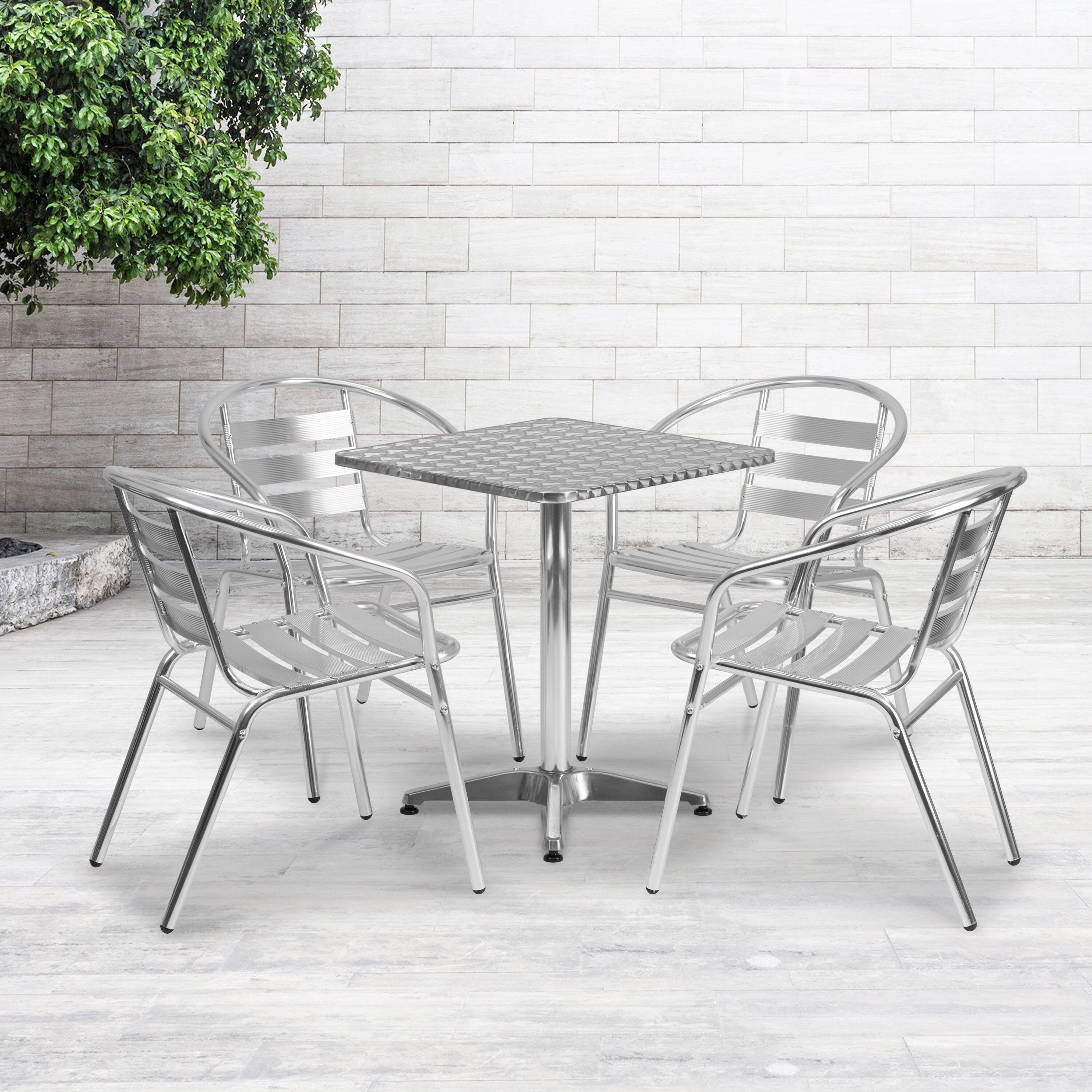 Alt View 1. Emma + Oliver - 23.5'' Square Aluminum Indoor-Outdoor Table Set with 4 Slat Back Chairs - Aluminum.