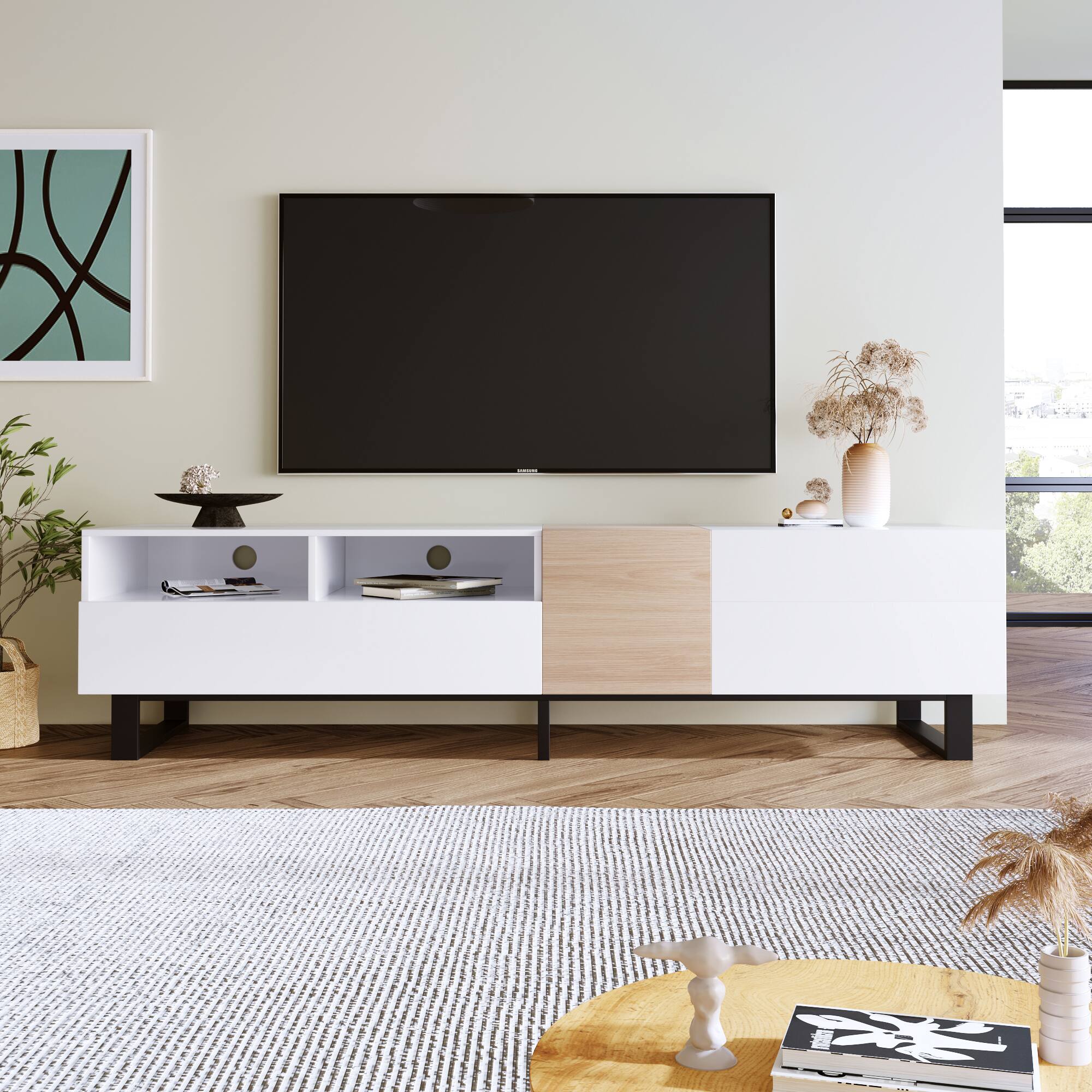 Angle. Spaco - Spaco Modern TV Stand for 80" TV, Media Console with Double Storage and Drop Down Door for Living Room Bedroom Theater - White.