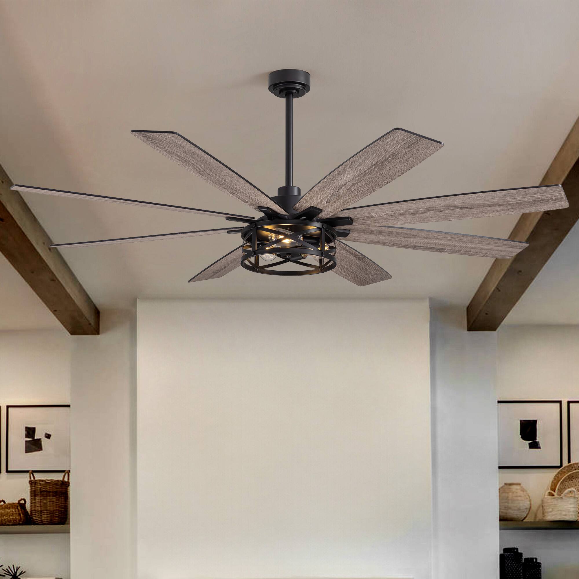 Angle. Siljoy - 72-Inch Industrial Caged Ceiling Fan with Light - 8 Weathered Gray Blades, Reversible Motor & Adjustable Downrod Mount.