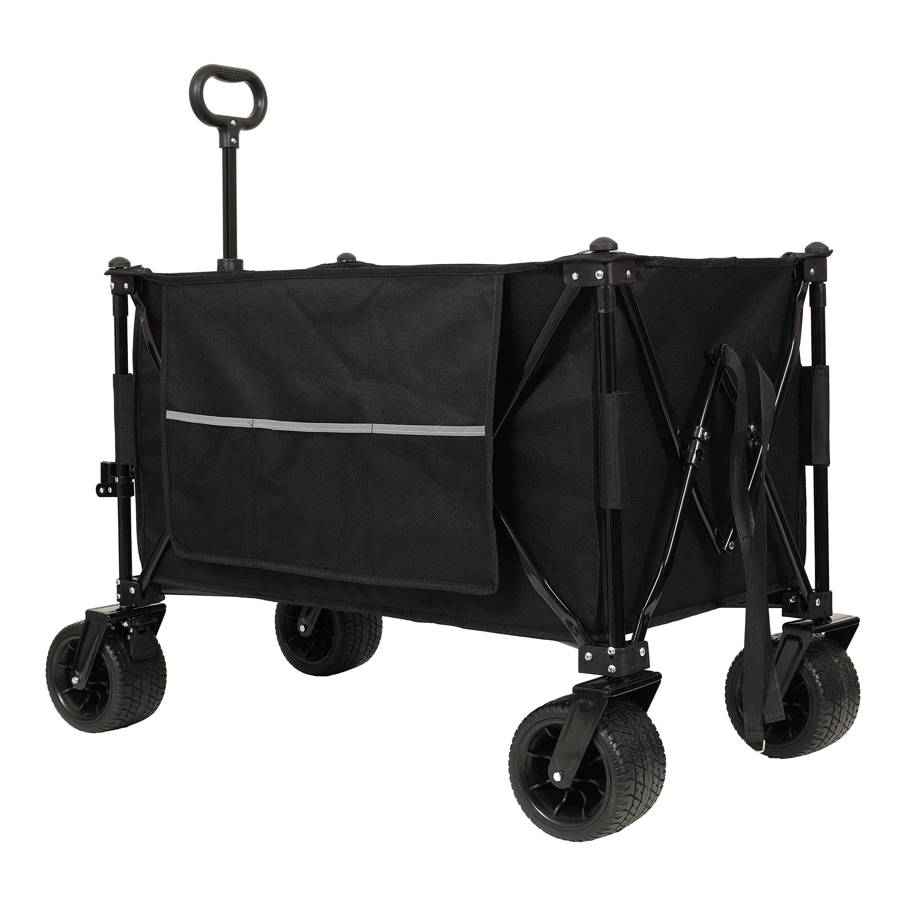 APRILSOUL - Collapsible Foldable Extended Wagon 480lbs Weight Capacity Big All-Terrain Beach Wheels and Drink Holders Brakes - Black
