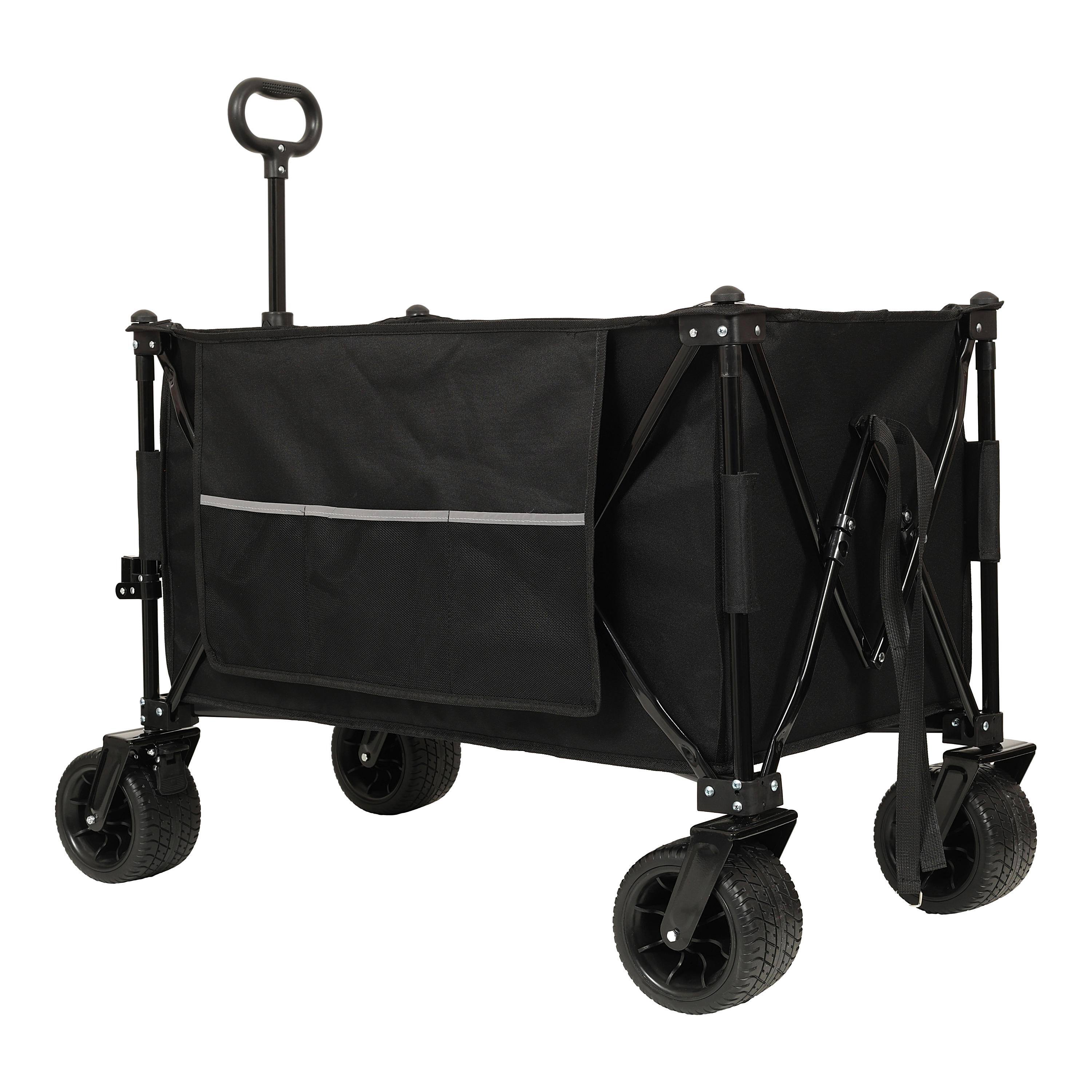 APRILSOUL - Collapsible Foldable Extended Wagon 480lbs Weight Capacity Big All-Terrain Beach Wheels and Drink Holders Brakes - Black