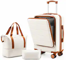 LUGGEX - 20" Carry On Luggage Set with Laptop Compartment, 3-Piece Suitcase with Tote & Toiletry Bag - FX-Lite - White