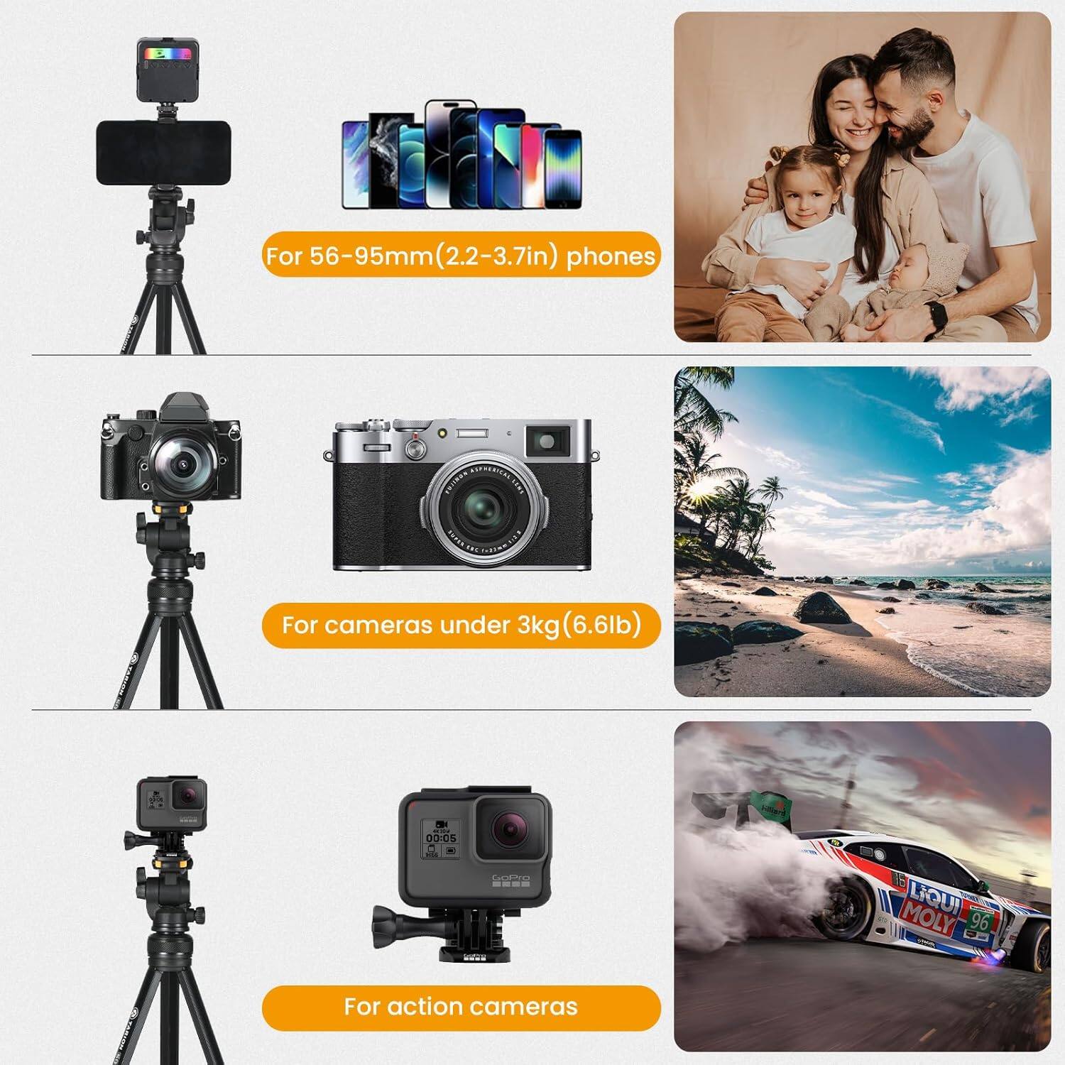 For 56-95mm (2.2-3.7in) phones

For cameras under 3kg (6.6lb)

For action cameras