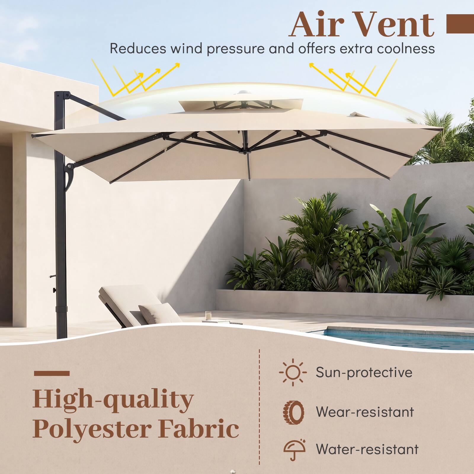 Air Vent  
Reduces wind pressure and offers extra coolness  

High-quality Polyester Fabric  
Sun-protective  
Wear-resistant  
Water-resistant