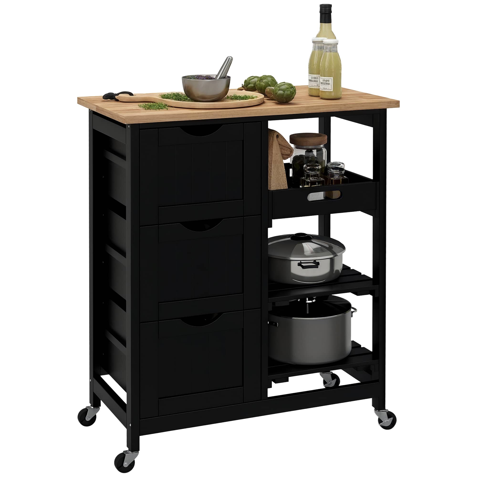 Front. Homcom - Rolling Kitchen Island Cart, Bar Serving Cart, Compact Trolley on Wheels with Wood Top, Shelves & Drawers for Home - Black.