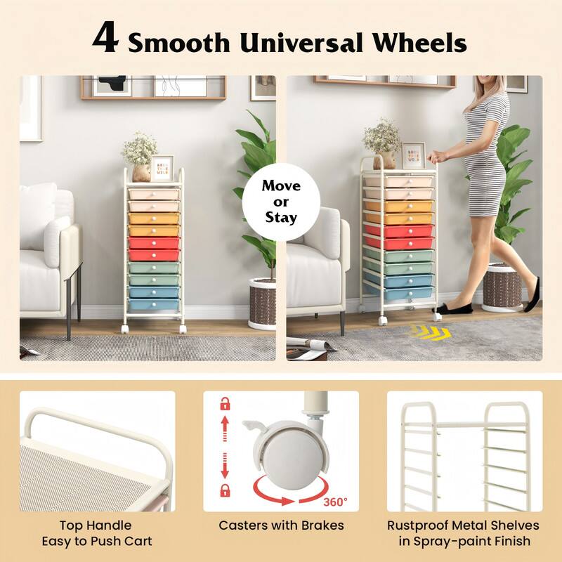 4 Smooth Universal Wheels

Move or Stay

1. 360° Top Handle Easy to Push Cart
2. Casters with Brakes
3. Rustproof Metal Shelves in Spray-paint Finish