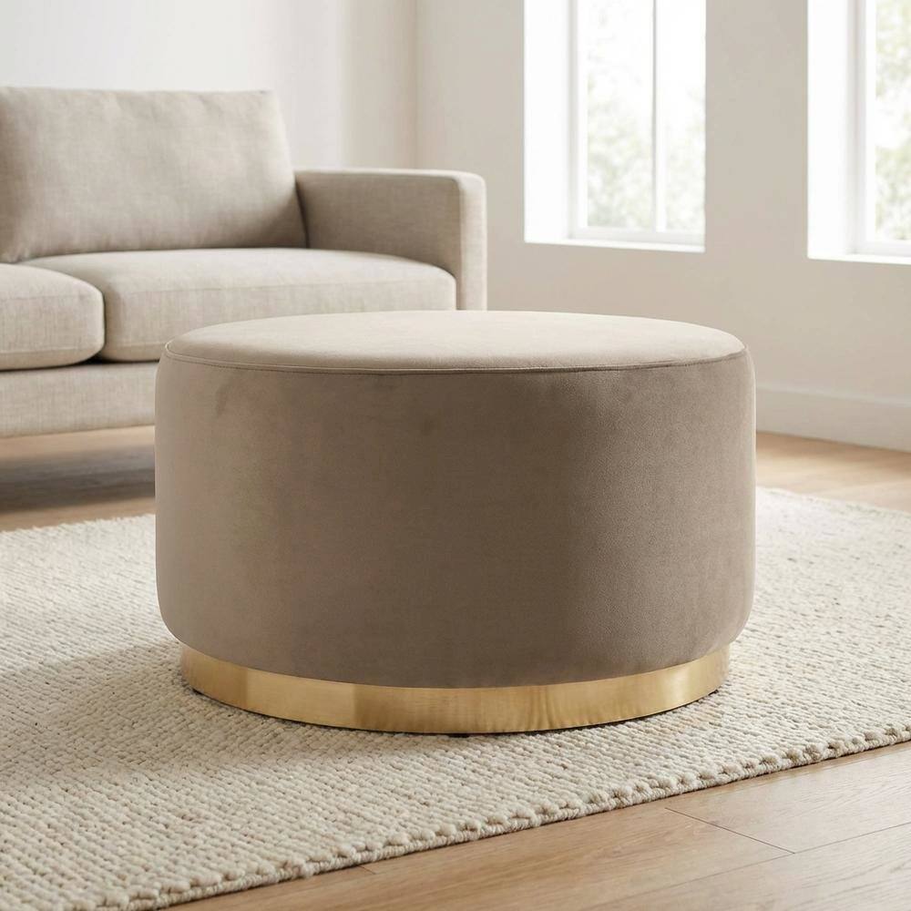 Left. Outdoor Escape - Velvet Upholstered Ottoman With 29-Inch Round Top And Stylish Design - Brown.