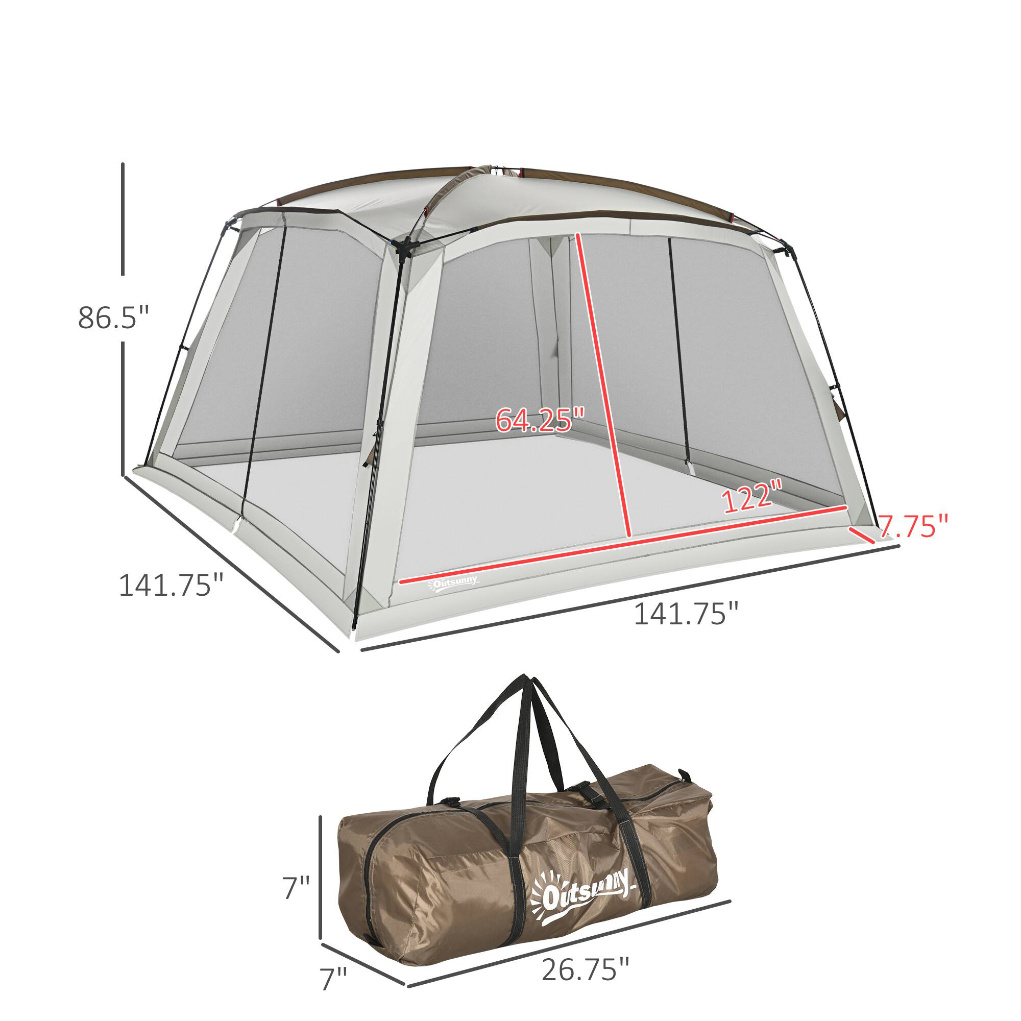 The text can be grouped as follows:

- Dimensions of the tent: 86.5", 64.25", 122", 7.75", 141.75"
- Dimensions of the bag: 7", 7", 26.75"
- Brand name: Outsunny