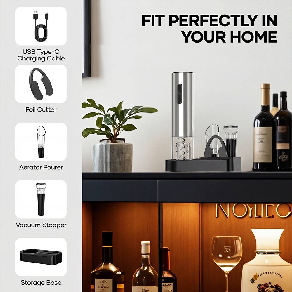 USB Type-C Charging Cable  
Foil Cutter  
Aerator Pourer  
Vacuum Stopper  
Storage Base  

FIT PERFECTLY IN YOUR HOME  

NOLIEO