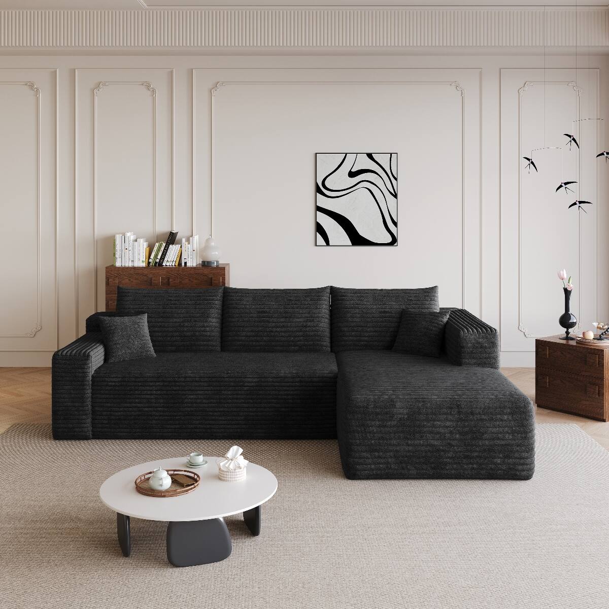 Back. Ropilly - Ropilly 95 Inch U Shaped Sectional Sofa Black Corduroy Living Room Sectional Couch with Reversible Chaise - Black.