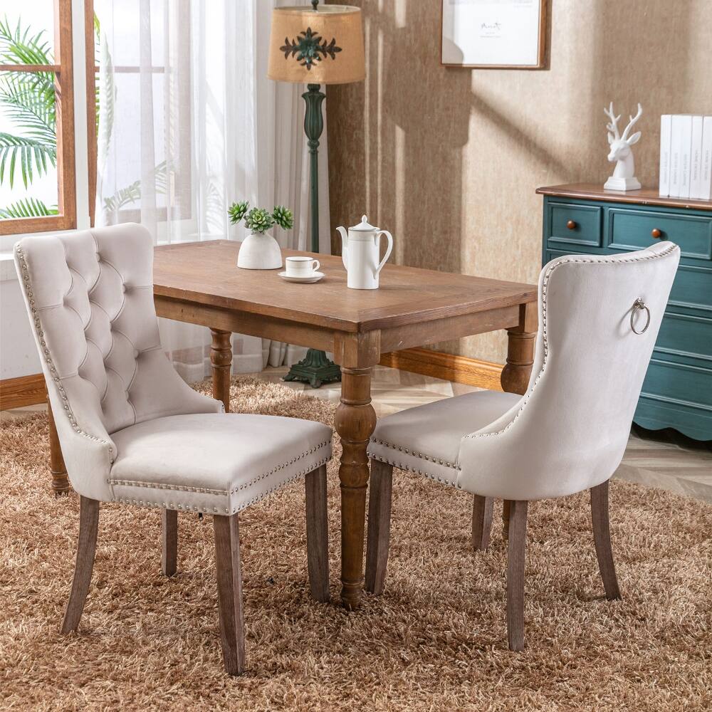 Alt View 7. Loheer - Loheer Beige Velvet Dining Chairs Set of 2 Tufted High Back Upholstered Mid-Century Modern Solid Wood Legs Nailhead Trim - Beige.