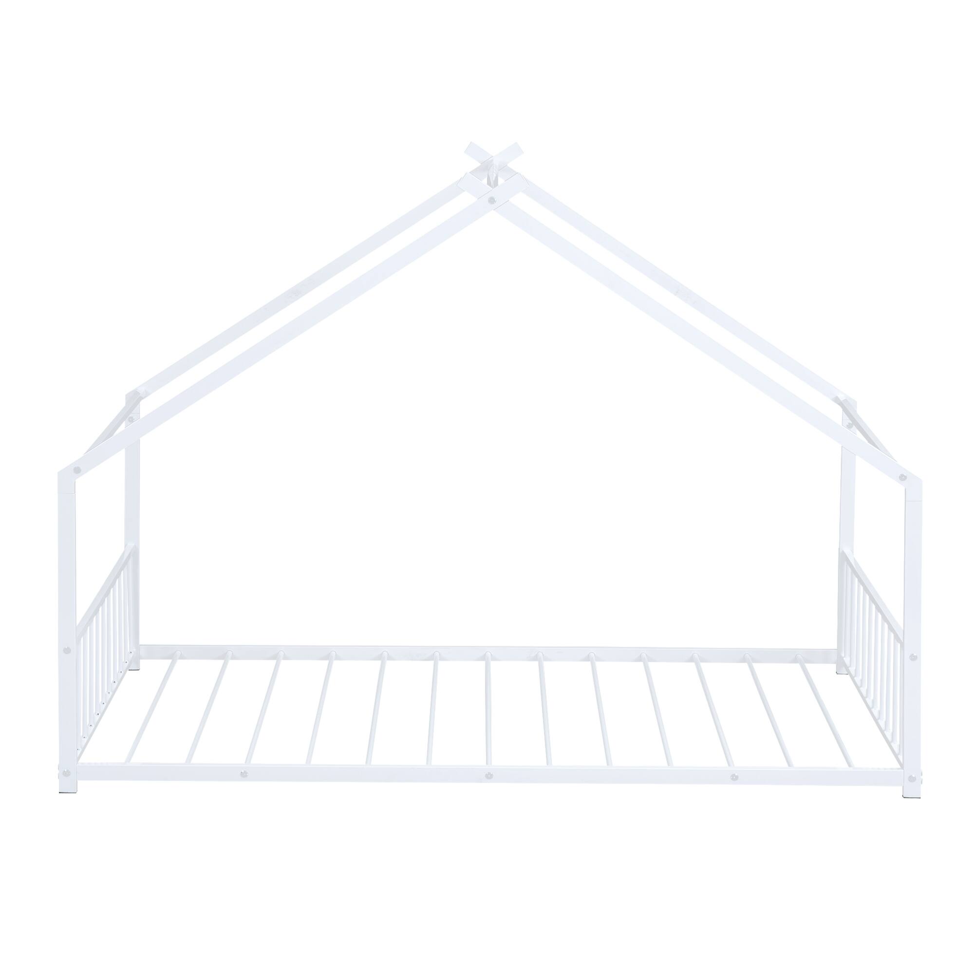 Left. GOODSILO - Twin Size Metal House Frame Bed with Playful Roof Design for Children's Bedroom and Play Area - White.