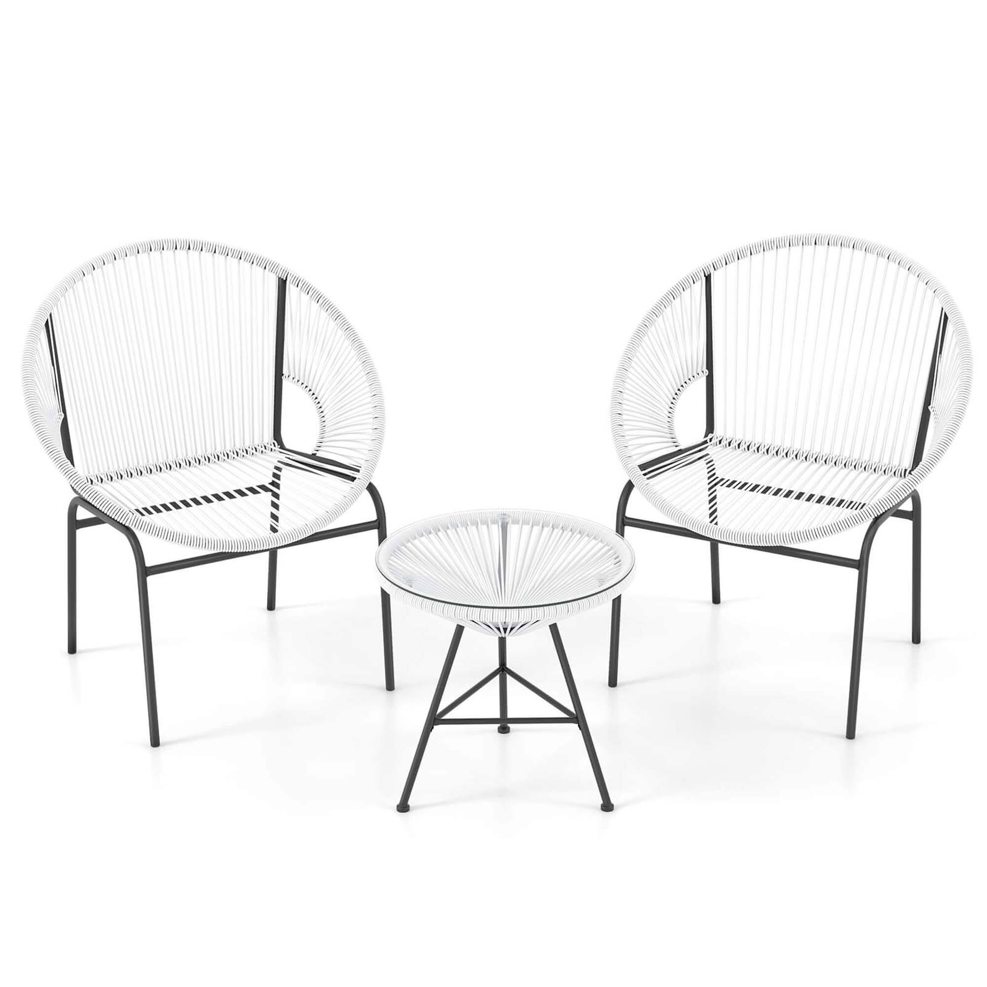 Alt View 9. Costway - 3 PCS Patio Acapulco Furniture Bistro Set Plastic Rope Glass Table - White.