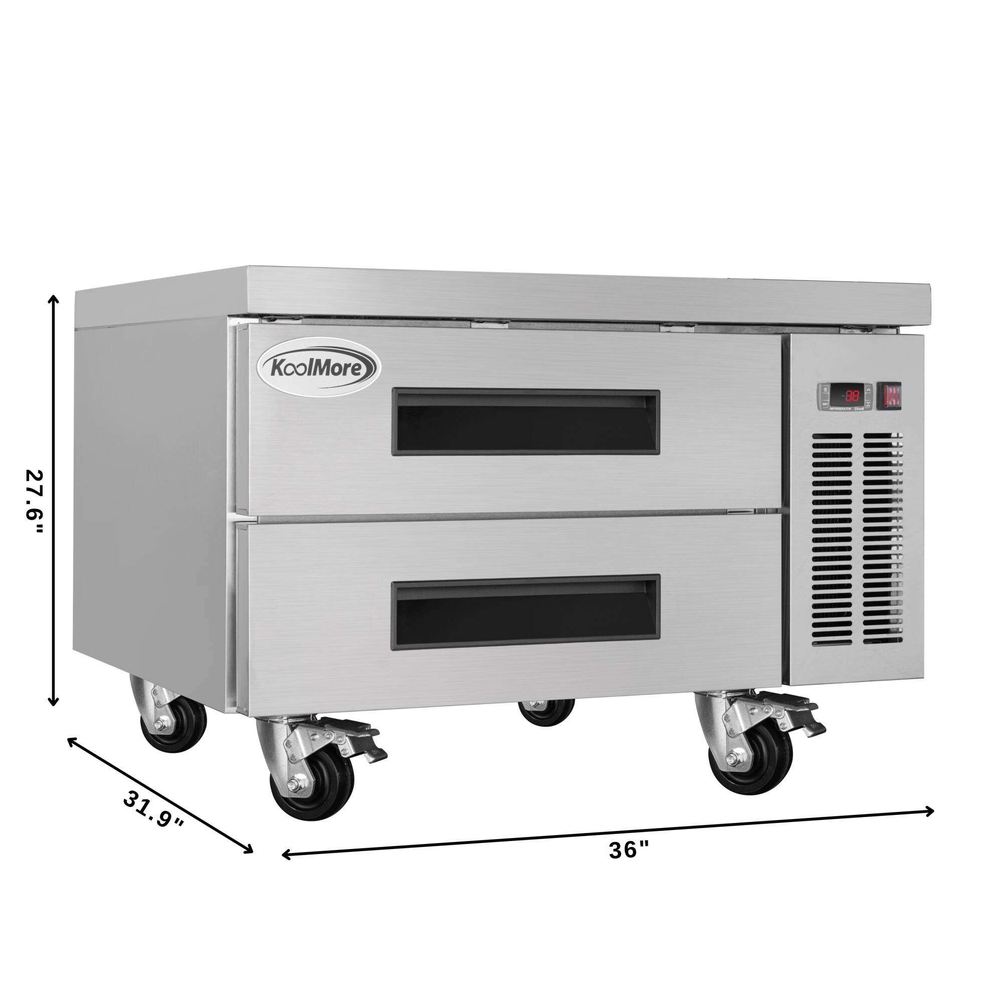 The text on the image reads "KoolMore 38" and "31.9" and "36". The first number, "38", is likely the size of the appliance in inches. The second number, "31.9", could be the width of the appliance in inches. The third number, "36", might be the height of the appliance in inches.