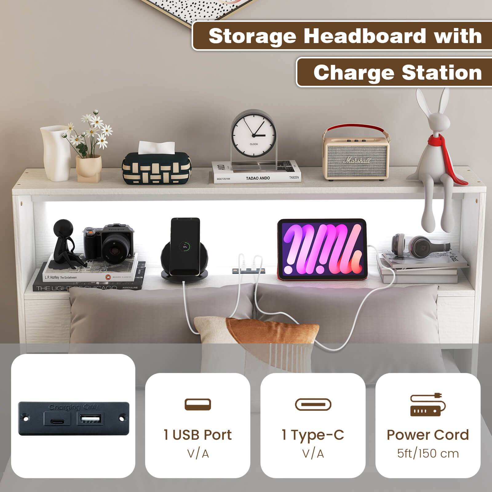 Storage Headboard with Charge Station

- 1 USB Port
- 1 Type-C
- Power Cord (5ft/150 cm)