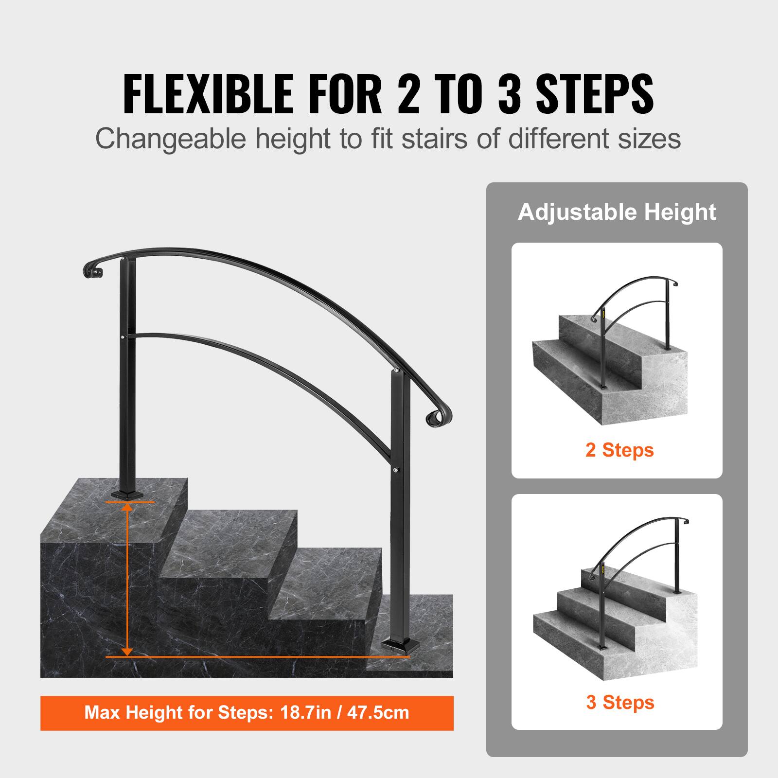 FLEXIBLE FOR 2 TO 3 STEPS, Changeable height to fit stairs of different sizes, Adjustable Height, 2 Steps, 3 Steps, Max Height for Steps: 18.7in / 47.5cm
