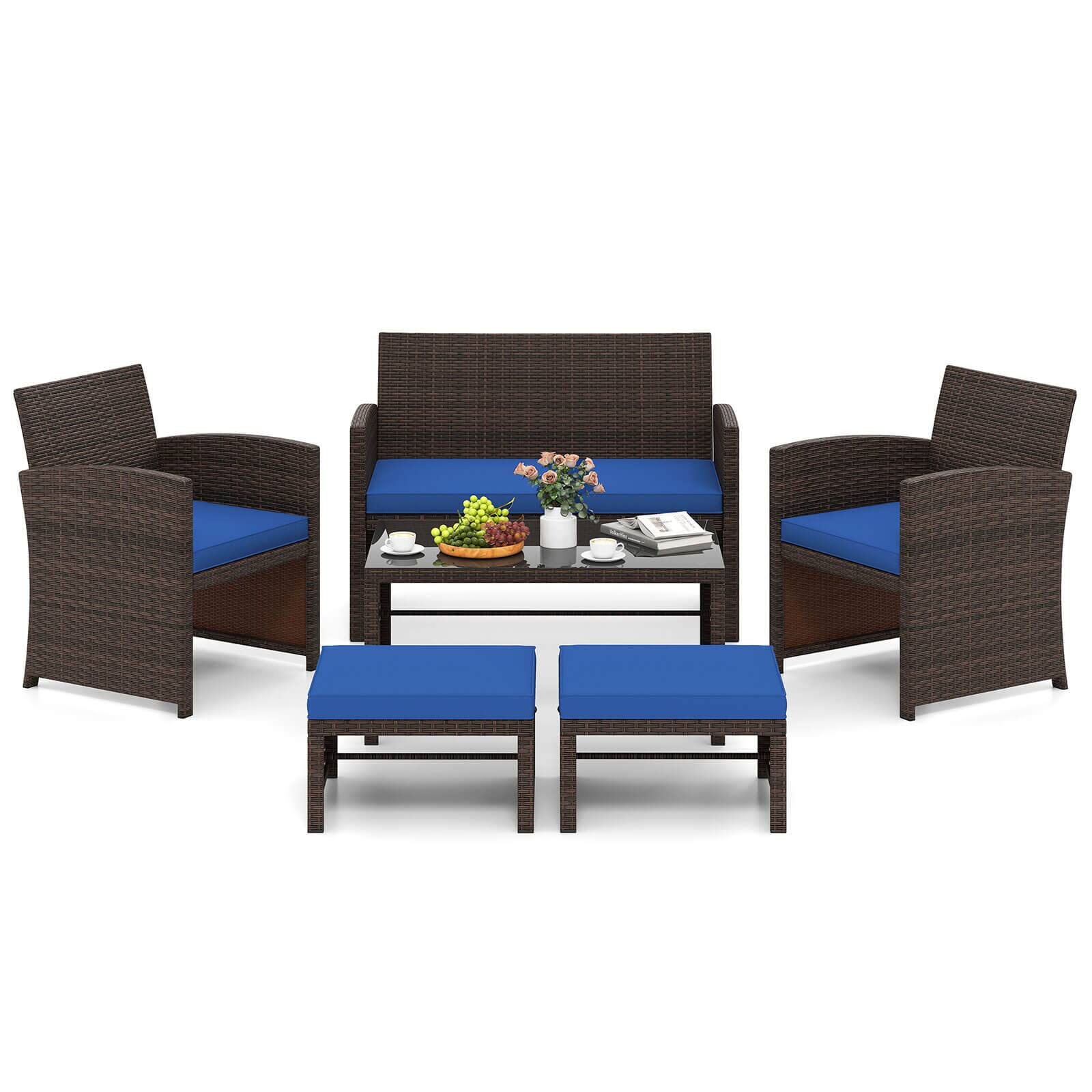 Alt View 5. Gymax - Gymax 6 PCS Patio Furniture Set w/ 1 Loveseat 1 Coffee Table 2 Armchairs 2 Ottomans Blue - Mix Brown, Navy Blue.