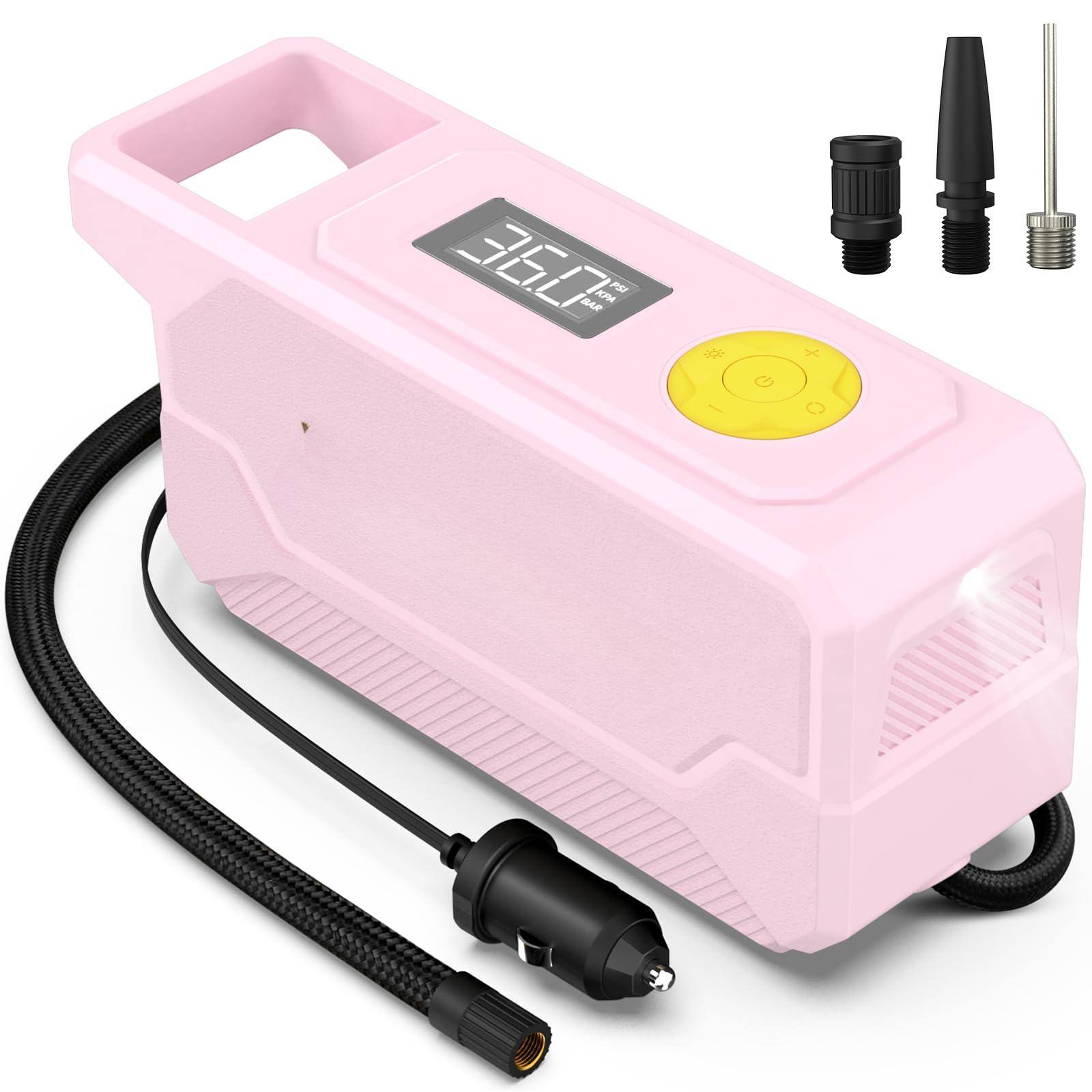 Fabibe - 150 Psi Tire Inflator Portable Air Compressor 12v Dc Auto Shutoff Pump With Digital Gauge And Emergency Led Light - Pink