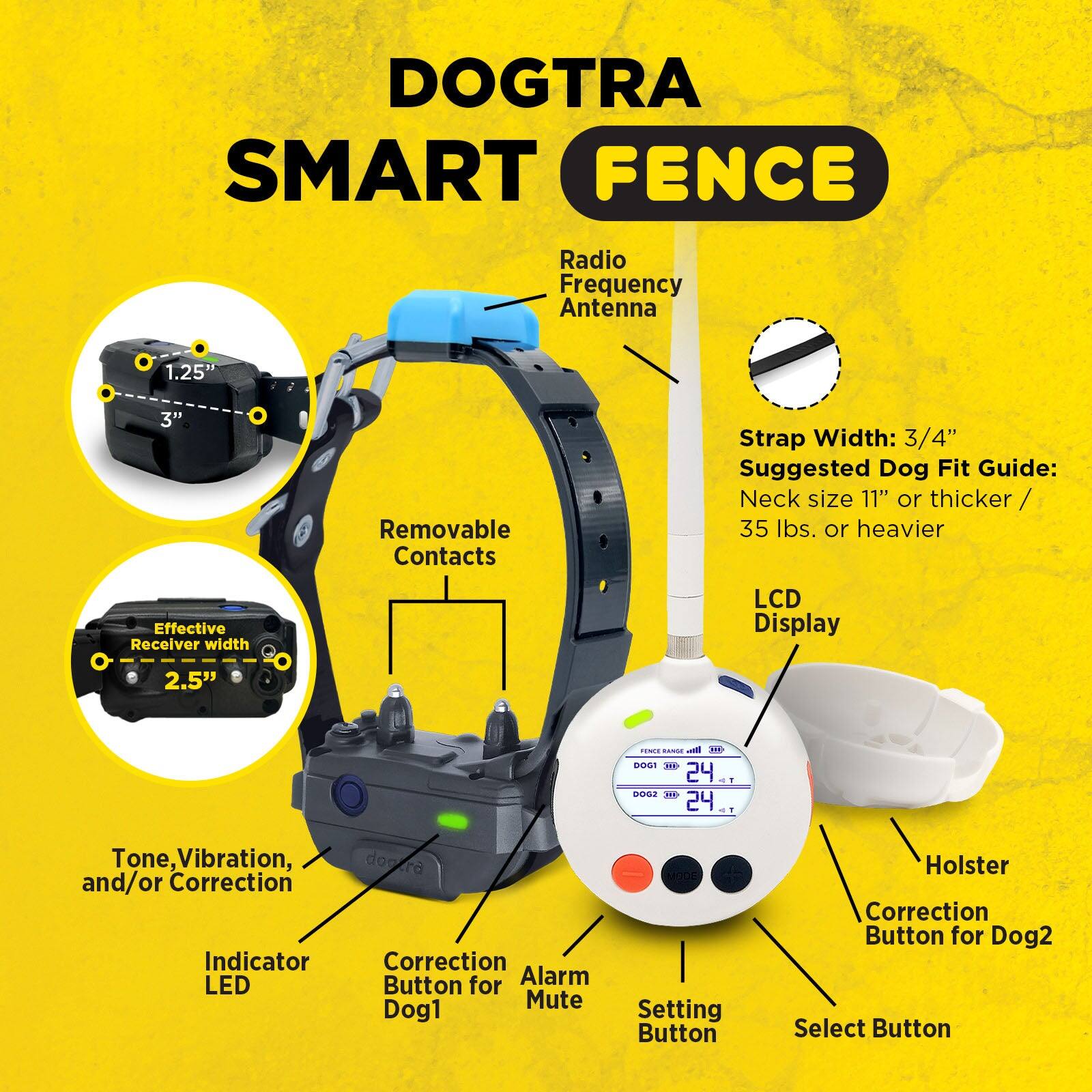 DOGTRA SMART FENCE  
Radio Frequency Antenna 1.25" 3'  
Removable Contacts  
Strap Width: 3/4"  
Suggested Dog Fit Guide: Neck size 11" or thicker / 35 lbs. or heavier  
Effective Receiver width 2.5"  
LCD Display  
Tone, Vibration, and/or Correction Indicator LED  
Correction Button for Alarm Mute  
Correction Button for Dog1  
Setting Button  
Correction Button for Dog2  
Select Button