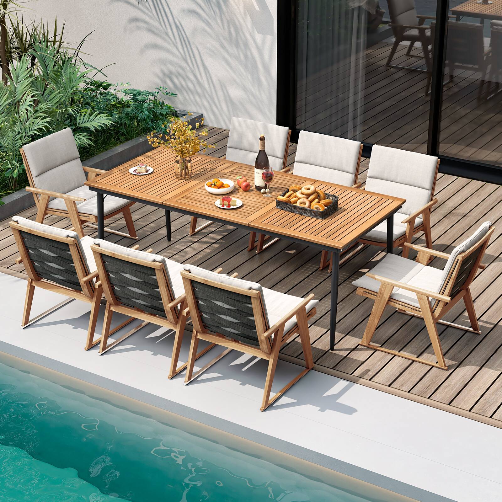 Alt View 8. Gymax - Gymax 79'' Outdoor Dining Table for 8 Acacia Wood Table w/ 1.9'' Umbrella Hole Patio - Natural, Black.